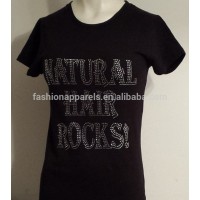 Short sleeve women Rhinestone Natural Hair Rocks Bling Black Tee T Shirt